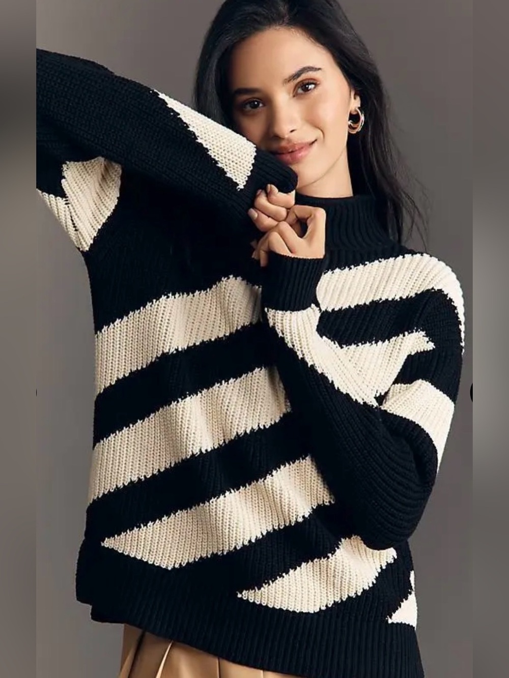 Anthropologie Mauve Diagonal Stripe Mock Neck Sweater. Cotton. Small. NWT.